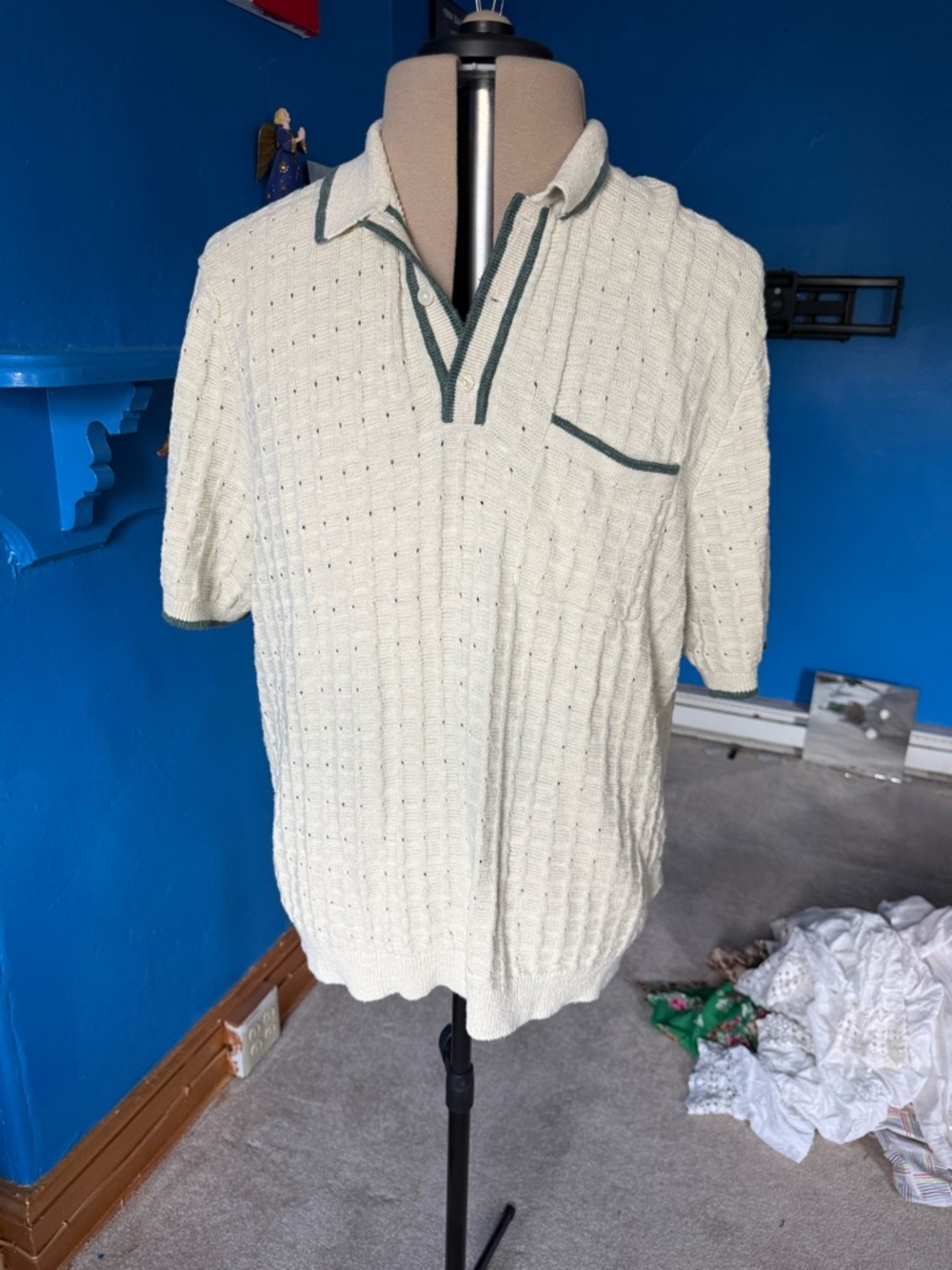 Abercrombie & Fitch Cream Knit Polo with Green Trim